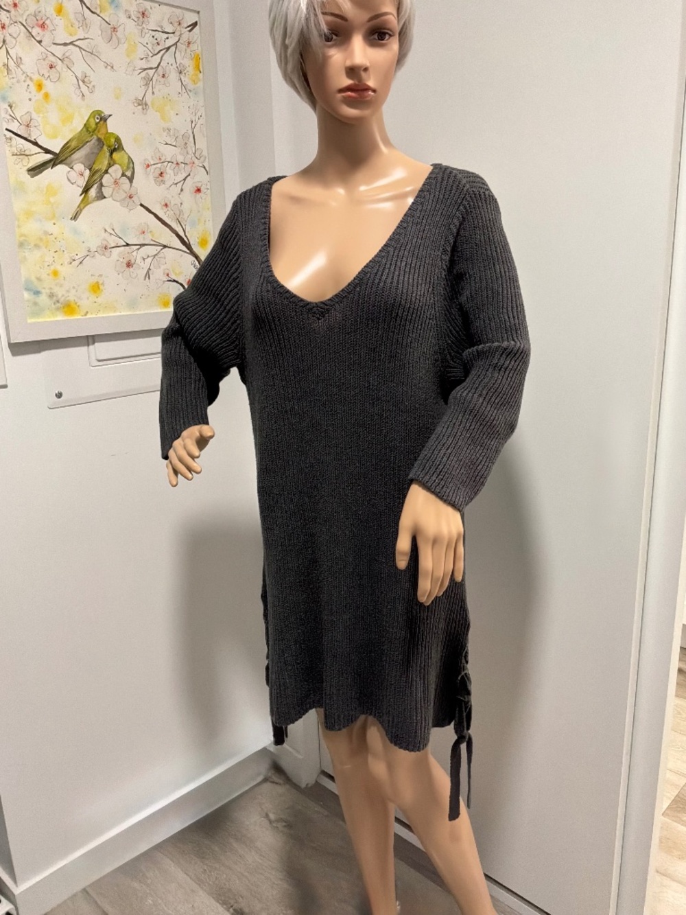 Torrid Grey Ribbed V-Neck Sweater Dress Side Lace Detail Plus Size 2 / 2X